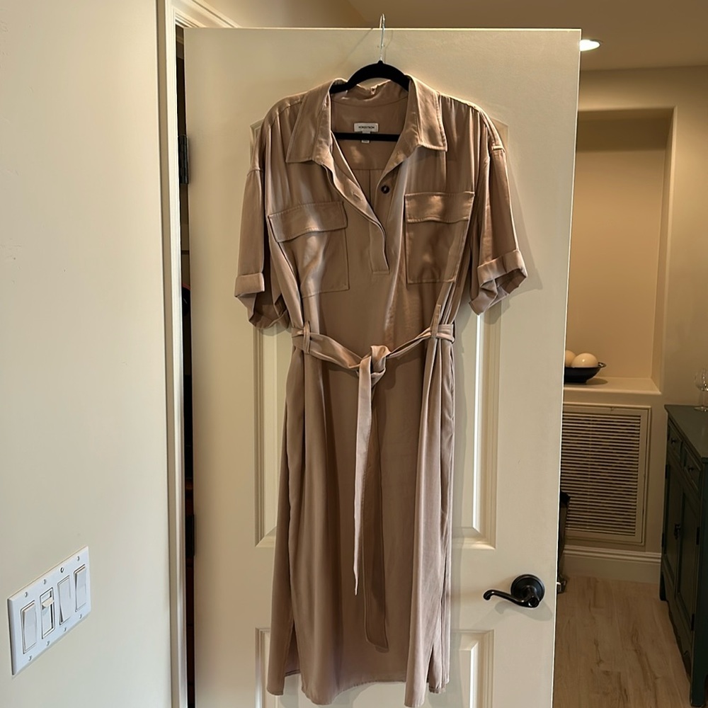 Midi length Nordstrom’s tan dress, large, sides seem pockets and belt